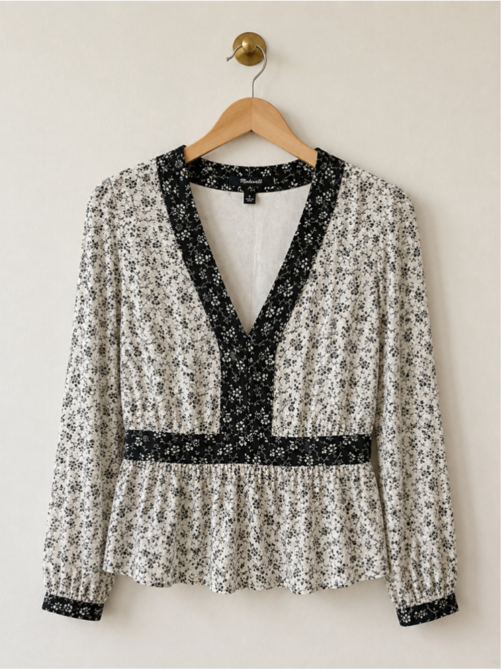 Madewell V-Neck Peplum Top Clipdot Branch Floral Black Ivory Size S AF672